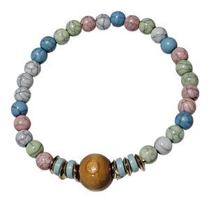 Boho Marble Beaded Stretch Bracelet Wooden Accent Bead Multicolor Pastel Jewelry